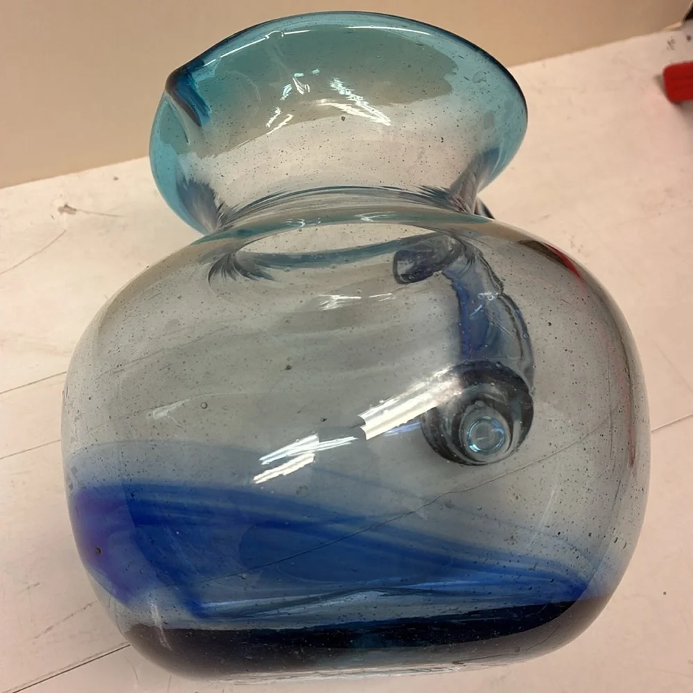 Hand Blown Blue Swirl Pitcher W/ Applied Handle Elegant Blue Glass Pitcher